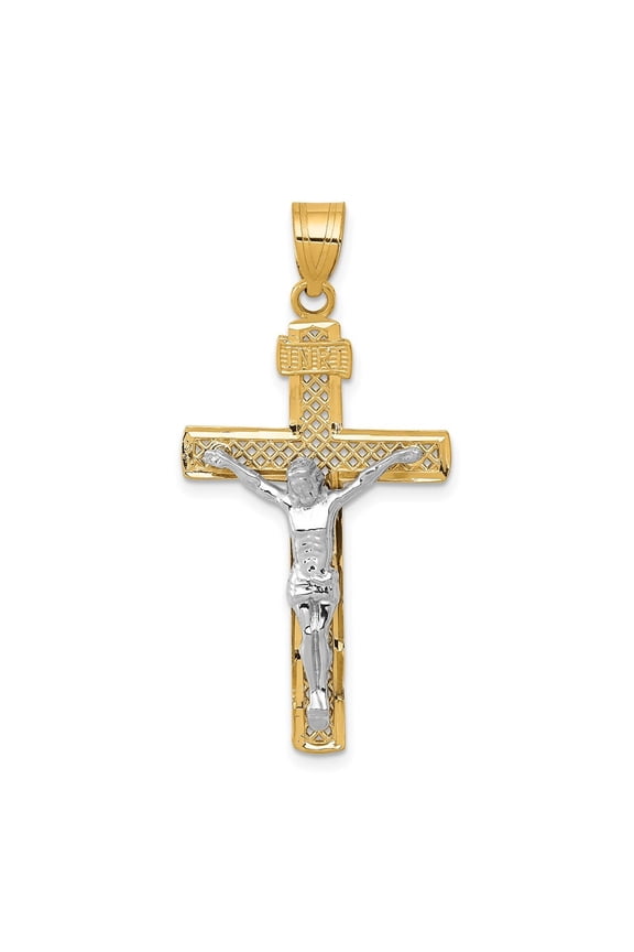 10K Two-tone Gold Diamond-Cut Large Block Lattice Cross with Crucifix Pendant for Women (L- 1.66 inch, W- 0.83 inch)