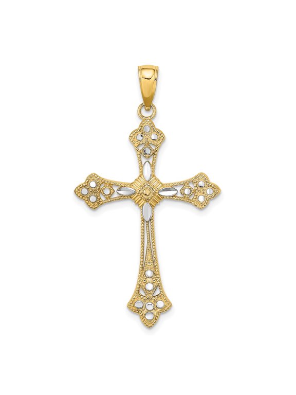 10K Yellow Gold with Rhodium Diamond-Cut Edges Cross Charm Pendant for Women (L- 1.33 inch, W- 0.95 inch)