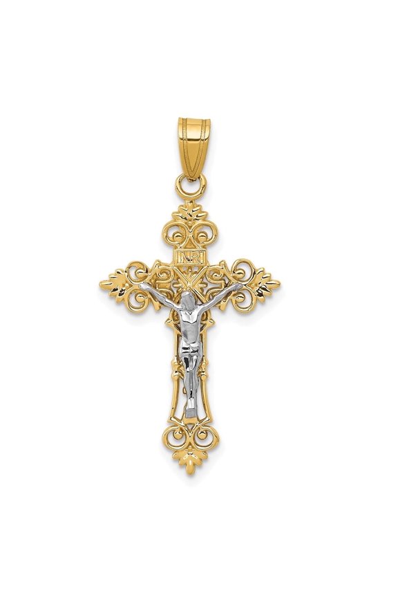 14K Two-Tone Gold Medium Lacy-Edge Inri Crucifix Pendant for Women (L- 1.38 inch, W- 0.71 inch)
