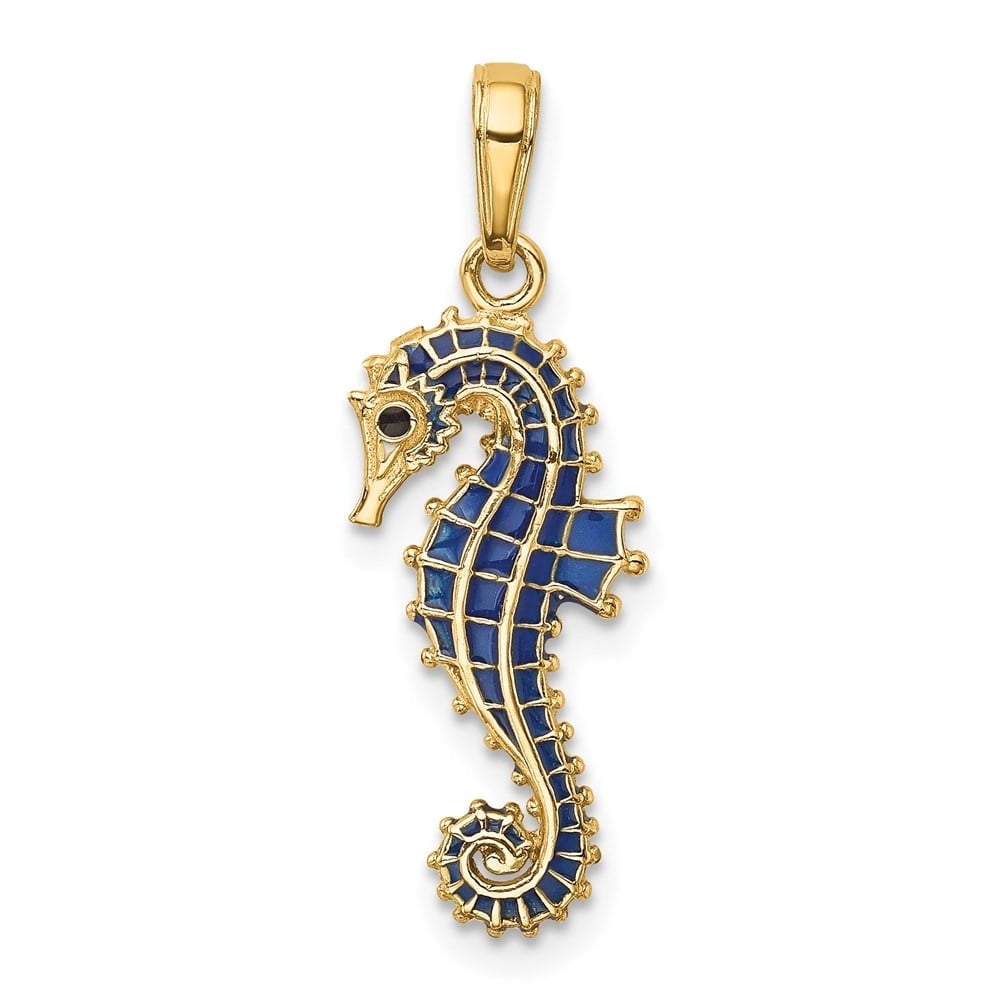 DIAMOND2DEAL 14K Yellow Gold 3-D Blue Enameled Seahorse Pendant for Women (L- 0.99 inch, W- 0.4 inch)