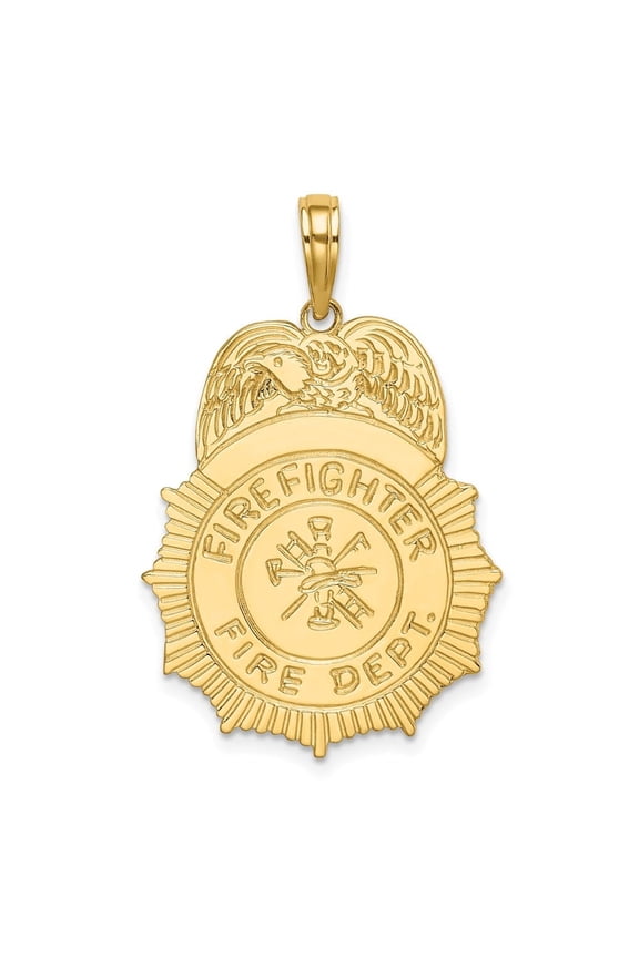 14K Yellow Gold FIREFIGHTER FIRE DEPT. Badge Charm Pendant for Women (L- 0.97 inch, W- 0.78 inch)