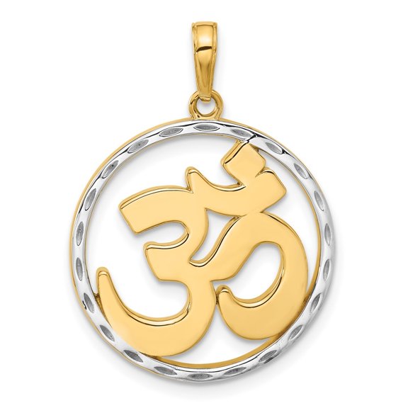 Diamond2Deal 14K Yellow Gold and White Rhodium Diamond-Cut Om in Circle Pendant for Women (L- 1.22 inch, W- 0.89 inch)