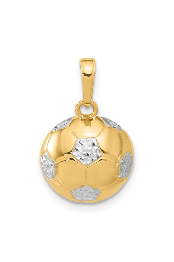 14K Yellow Gold and White Rhodium Diamond-Cut Soccer Ball Pendant for Women (L- 0.81 inch, W- 0.51 inch)