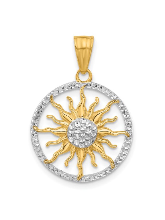 14K Yellow Gold and White Rhodium Diamond-Cut Sun Pendant for Women (L- 1.11 inch, W- 0.77 inch)