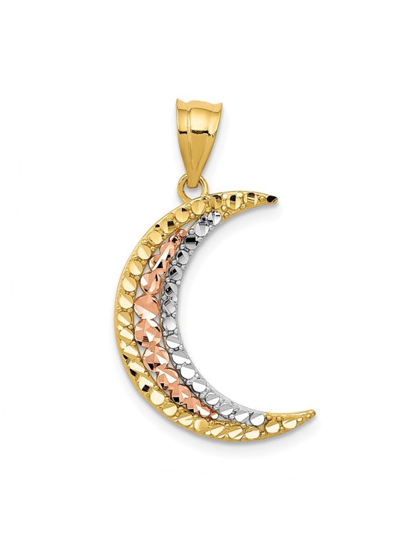 14k Two-Tone Gold with White Rhodium Diamond-Cut Moon Pendant for Women (L- 1.11 inch, W- 0.56 inch)