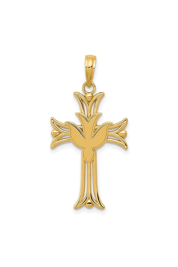 14k Yellow Gold Dove on Cross Pendant for Women (L- 1.3 inch, W- 0.67 inch)