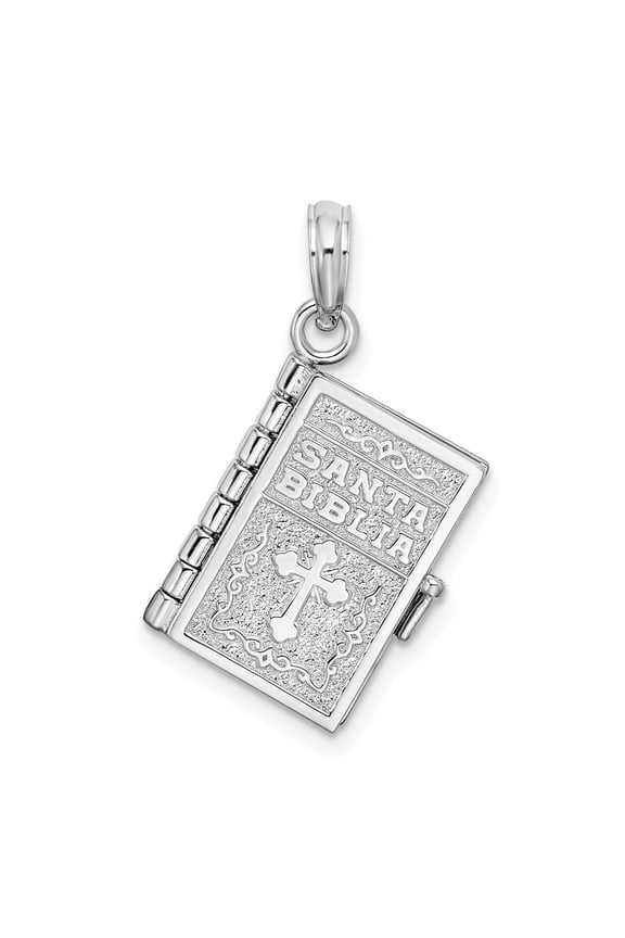 925 Sterling Silver Rh-Plt Moveable 3D Spanish Santa Biblia Pendant (L-25.63 mm, W-15.98 mm)
