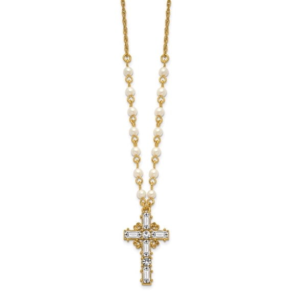 Diamond2Deal SOF Gold-tone Imitation Pearl Chain and Crystal Cross 20in Necklace for Women 20"