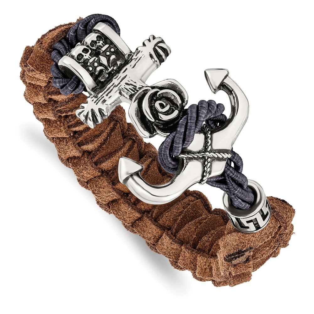 Diamond2Deal Stainless Steel Anchor with Flower and Skulls Brown Leather Bracelet for Men 8.5"