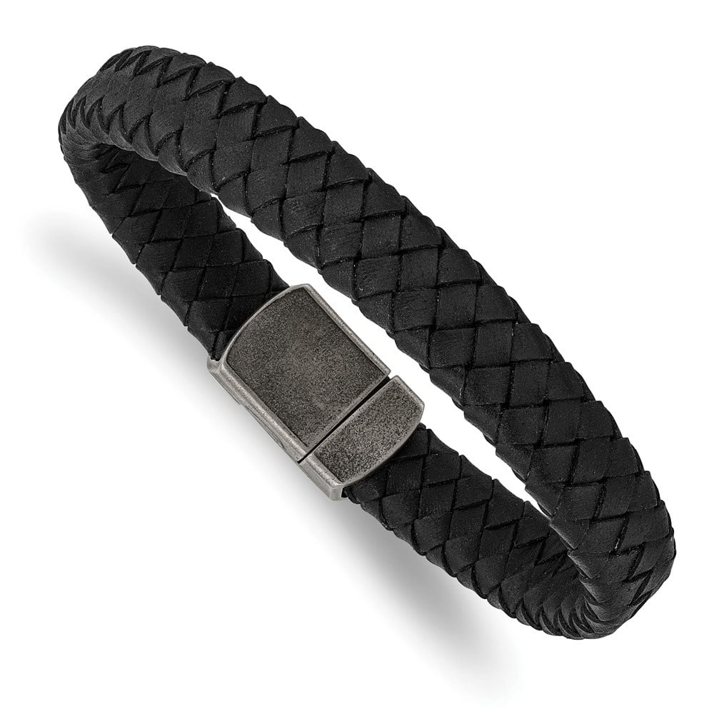 Diamond2Deal Stainless Steel Antiqued Black Braided Leather Bracelet for Men 8.25"
