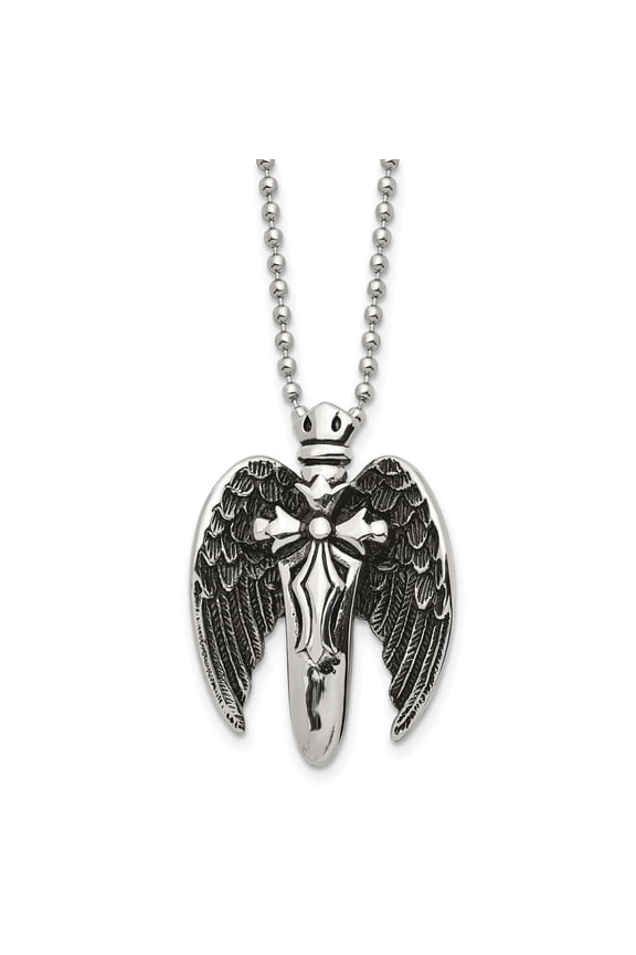 Stainless Steel Antiqued Brushed and Polished Winged Sword Pendant on a Ball Chain Necklace for Men 22"