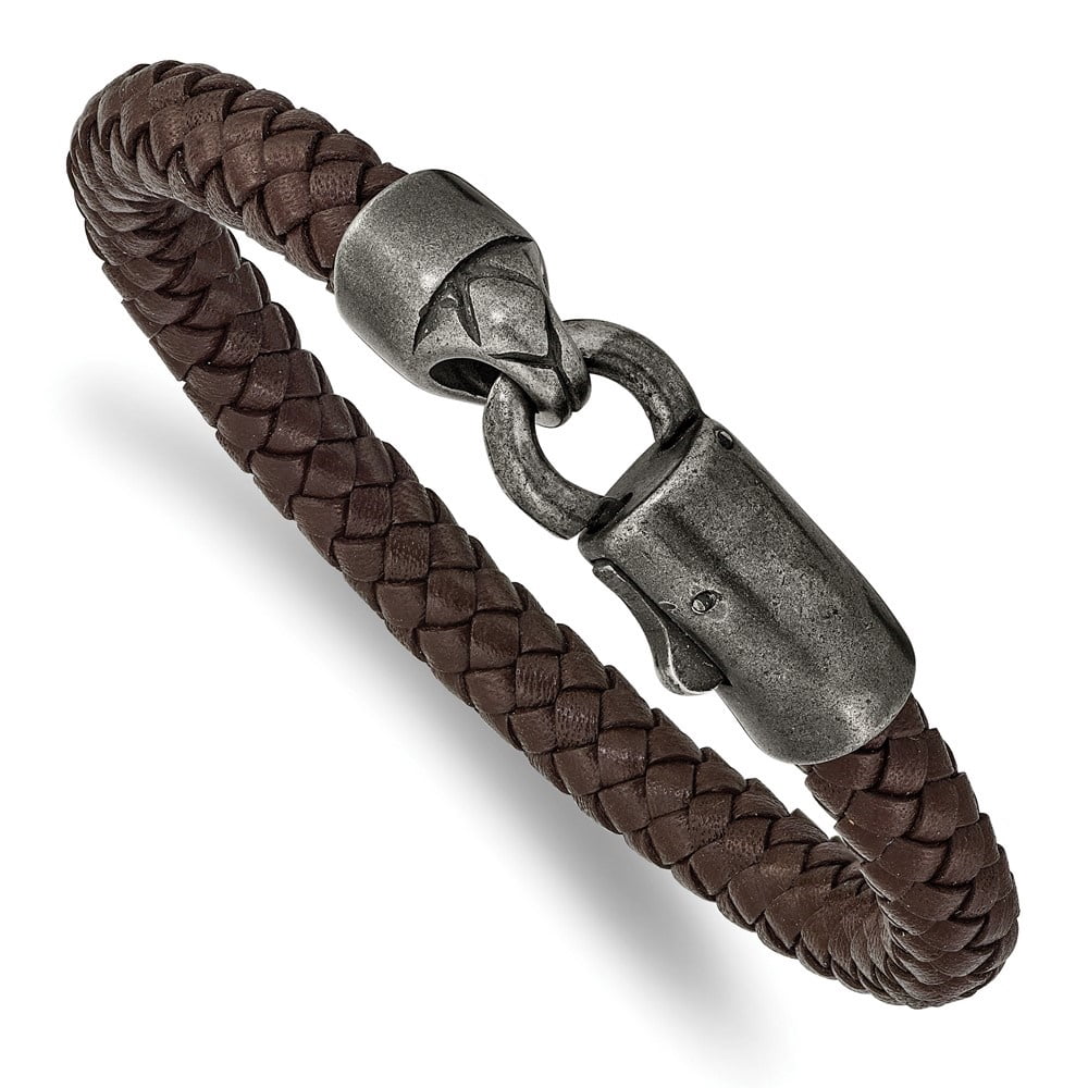 Diamond2Deal Stainless Steel Antiqued White Bronze-Plated Brown Braided Leather Bracelet for Men 8.25"