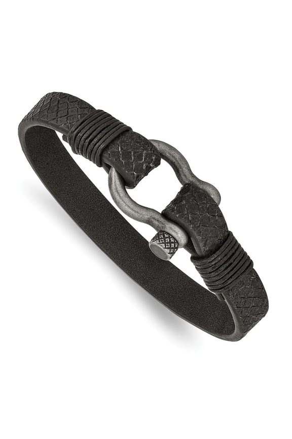 Stainless Steel Antiqued White Bronze Plated Shackle Textured Black Leather Bracelet for Men 8"
