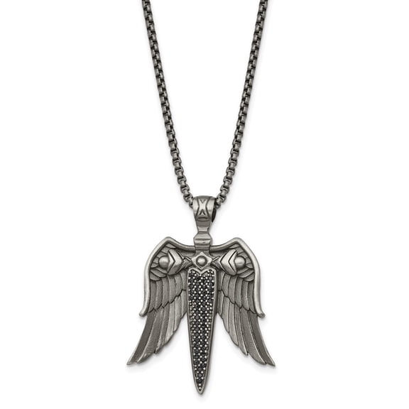 Diamond2Deal Stainless Steel Antiqued White Bronze-plated with Black CZ Sword with Wings on a Box Chain Necklace for Mens 24"