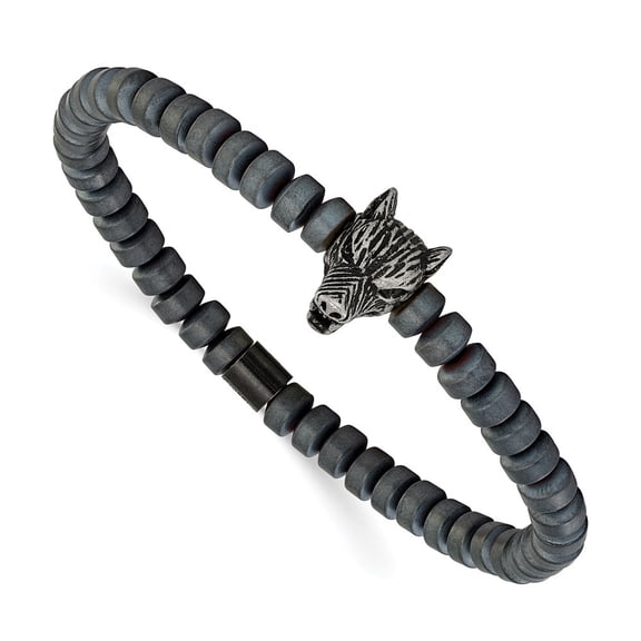 Diamond2Deal Stainless Steel Antiqued Wolf Head Matte 6.5mm Hematite Beaded Stretch Bracelet for Men 7.25"
