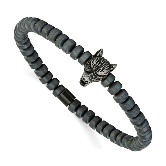Diamond2Deal Stainless Steel Antiqued Wolf Head Matte 6.5mm Hematite Beaded Stretch Bracelet for Men 7.25"