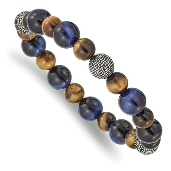 Diamond2Deal Stainless Steel Antiqued and 8-10mm Brown and Blue Tiger's Eye Beaded Stretch Bracelet for Men 6.5"