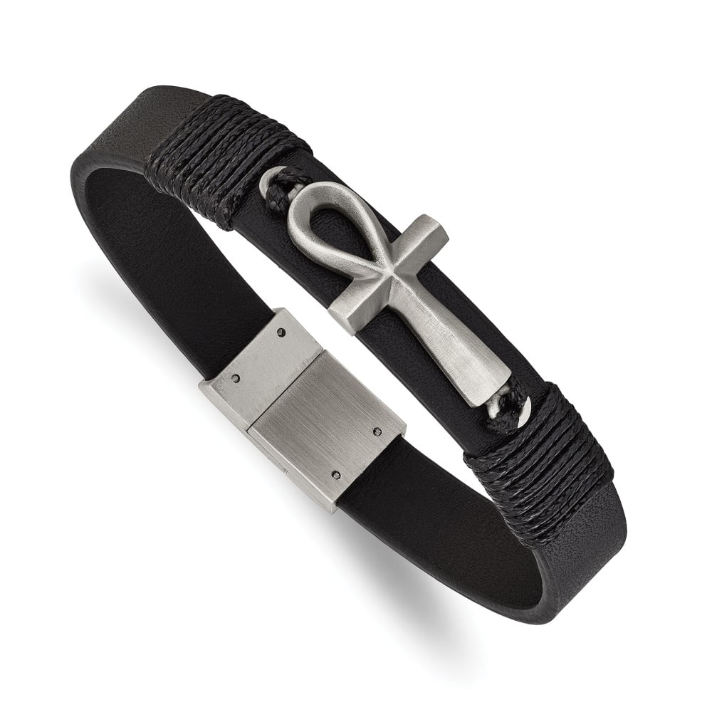 Diamond2Deal Stainless Steel Antiqued and Brushed Ankh Cross Black Leather Bracelet for Men 8.5"