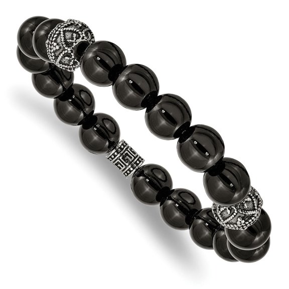 Diamond2Deal Stainless Steel Antiqued and Polished 10mm Black Agate Beaded Stretch Bracelet for Men 6.75"
