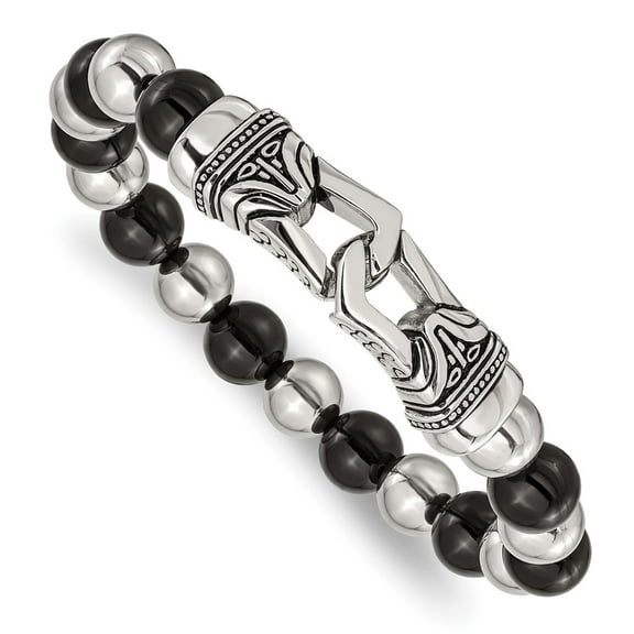 Diamond2Deal Stainless Steel Antiqued and Polished 10mm Black Agate Beaded Stretch Bracelet for Men 7.5"