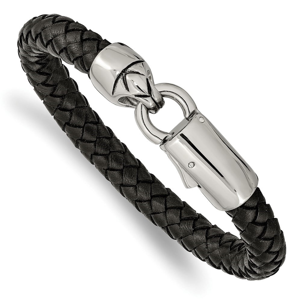 Diamond2Deal Stainless Steel Antiqued and Polished Black Braided Leather Bracelet for Men 8.25"