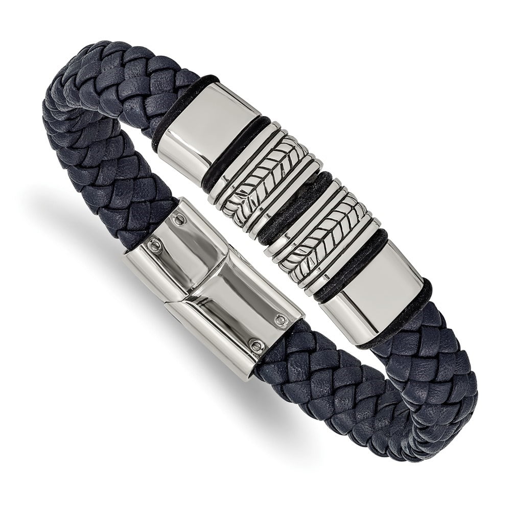 Diamond2Deal Stainless Steel Antiqued and Polished Braided Blue Leather with Black Silicone Bracelet for Men 8.25"