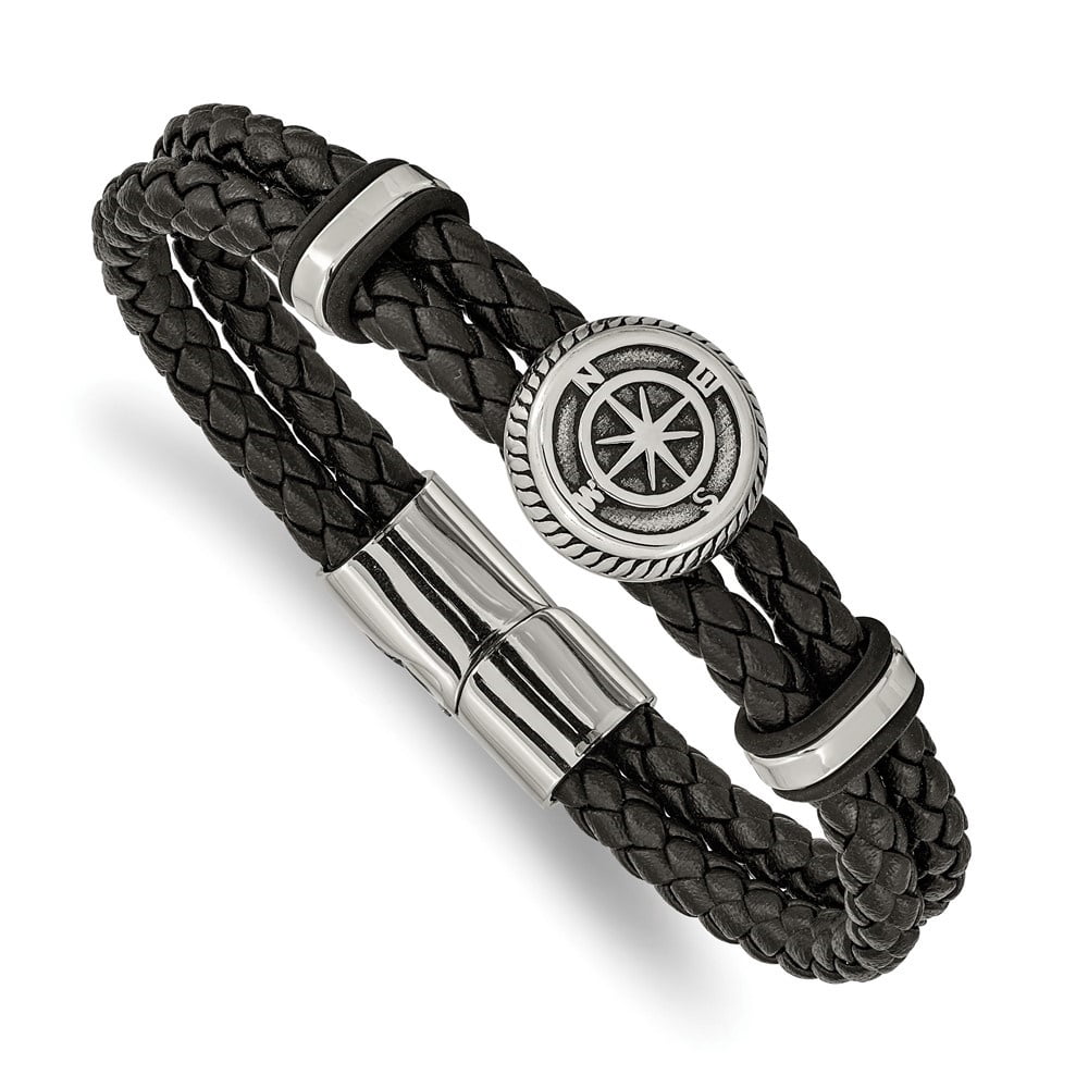 Diamond2Deal Stainless Steel Antiqued and Polished Compass Braided Black Leather Bracelet for Men 8"