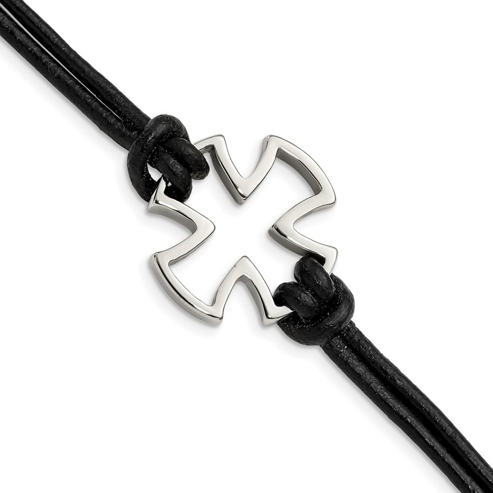 Diamond2Deal Stainless Steel Antiqued and Polished Cross Black Leather Bracelet for Men 8.25"
