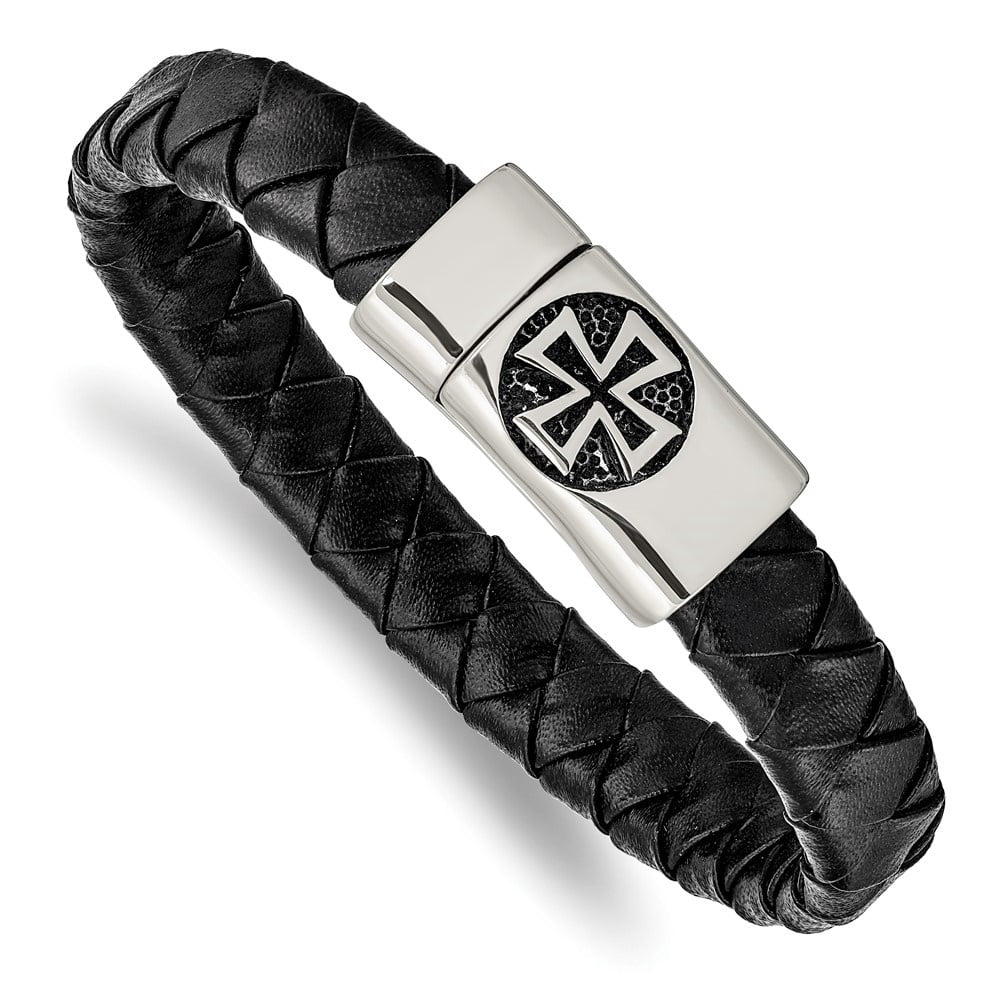 Diamond2Deal Stainless Steel Antiqued and Polished Cross Black Leather Bracelet for Men 8.5"