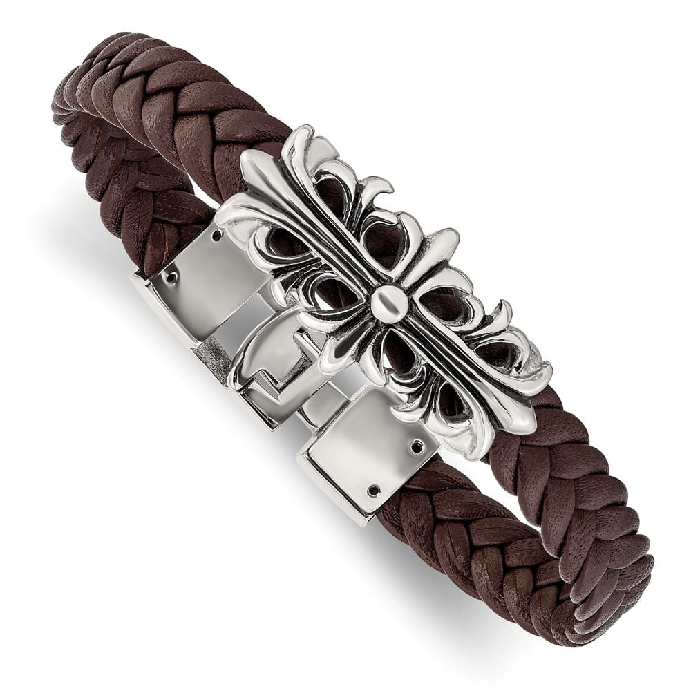 Diamond2Deal Stainless Steel Antiqued and Polished Cross Braided Brown Leather Bracelet for Men 8.5"