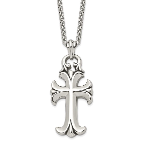 Diamond2Deal Stainless Steel Antiqued and Polished Cross Pendant on a Spiga Chain Necklace for Men 24"