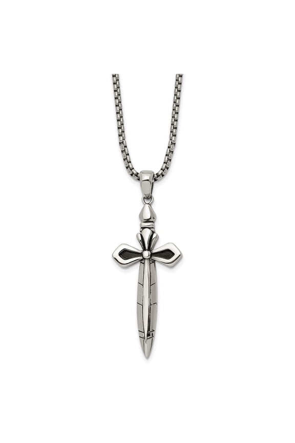 Stainless Steel Antiqued and Polished Cross/Sword Pendant on a Box Chain Necklace for Men 24"