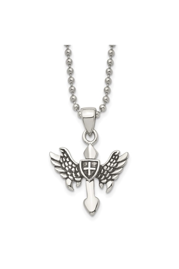 Stainless Steel Antiqued and Polished Cross with Wings Pendant on a Ball Chain Necklace for Men 20"
