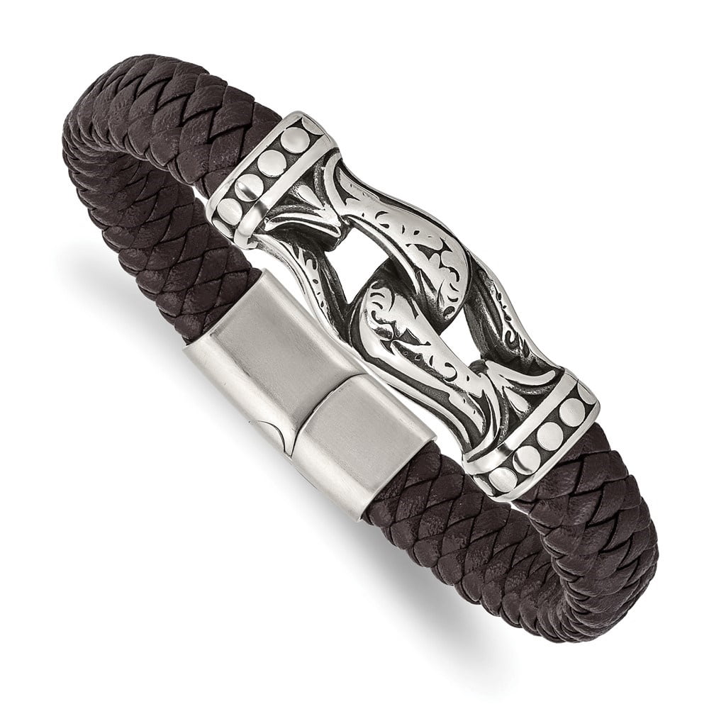 Diamond2Deal Stainless Steel Antiqued and Polished Dark Brown Braided Faux Leather Bracelet for Men 8.5"