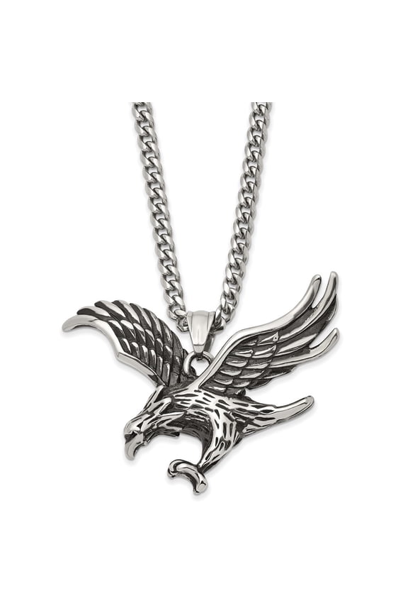 Stainless Steel Antiqued and Polished Eagle Pendant on a Curb Chain Necklace for Men 24"