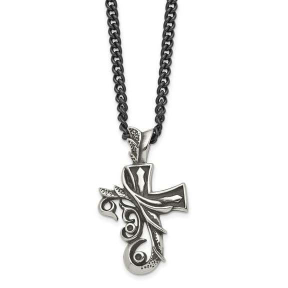 Diamond2Deal Stainless Steel Antiqued and Polished Fancy Cross Pendant on a Curb Chain Necklace for Men 20"