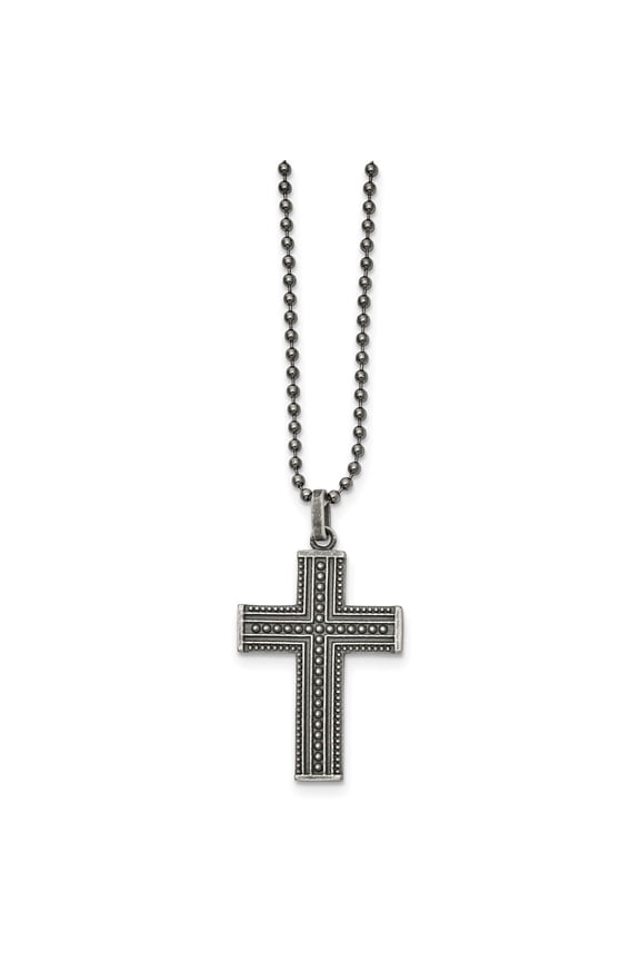Stainless Steel Antiqued and Polished Gun Metal IP-plated Cross Pendant on a Ball Chain Necklace for Men 22"