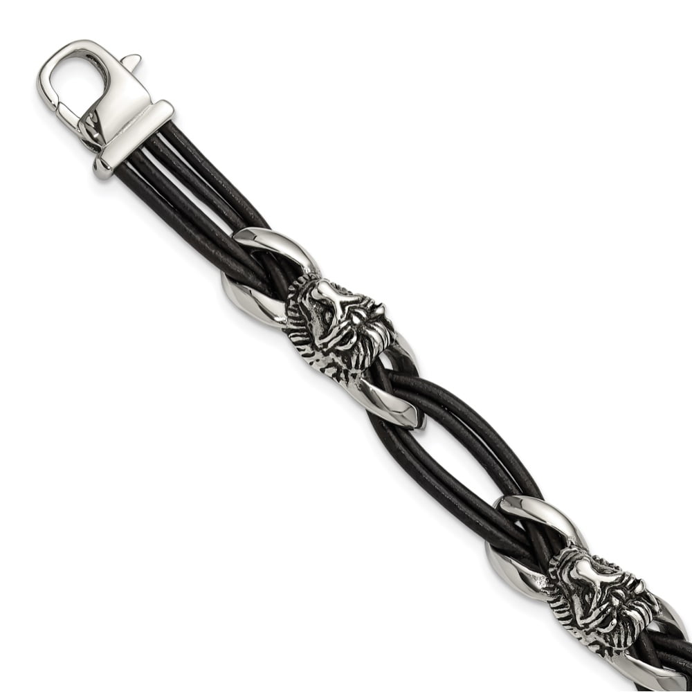 Diamond2Deal Stainless Steel Antiqued and Polished Lion Head Dark Brown Leather Bracelet for Men 8.5"