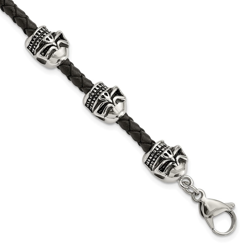Diamond2Deal Stainless Steel Antiqued and Polished Skull Beads Black Braided Leather Bracelet for Men 8.5"