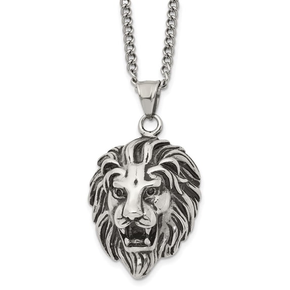 Diamond2Deal Stainless Steel Antiqued and Polished Small Lion Head Pendant on a Curb Chain Necklace for Mens 24"