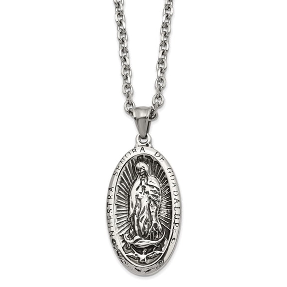 Diamond2Deal Stainless Steel Antiqued and Polished Spanish Lady of Guadalupe Pendant on a Cable Chain Necklace for Women 24"