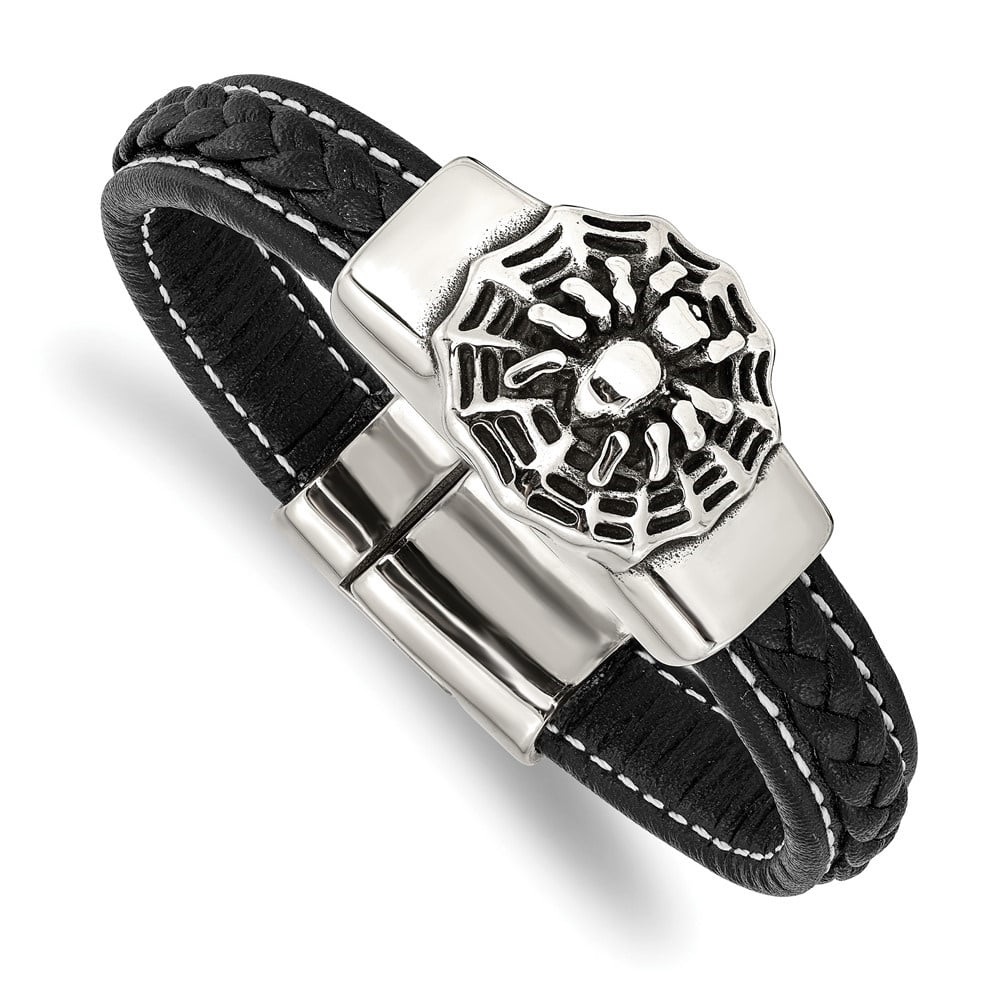 Diamond2Deal Stainless Steel Antiqued and Polished Spider Black Braided Faux Leather Bracelet for Men 8.5"