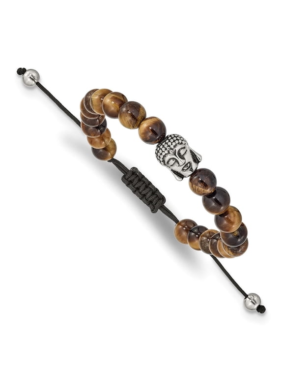 Stainless Steel Antiqued and Polished Tiger's Eye Buddha Black Macrame Adjustable Bracelet for Men