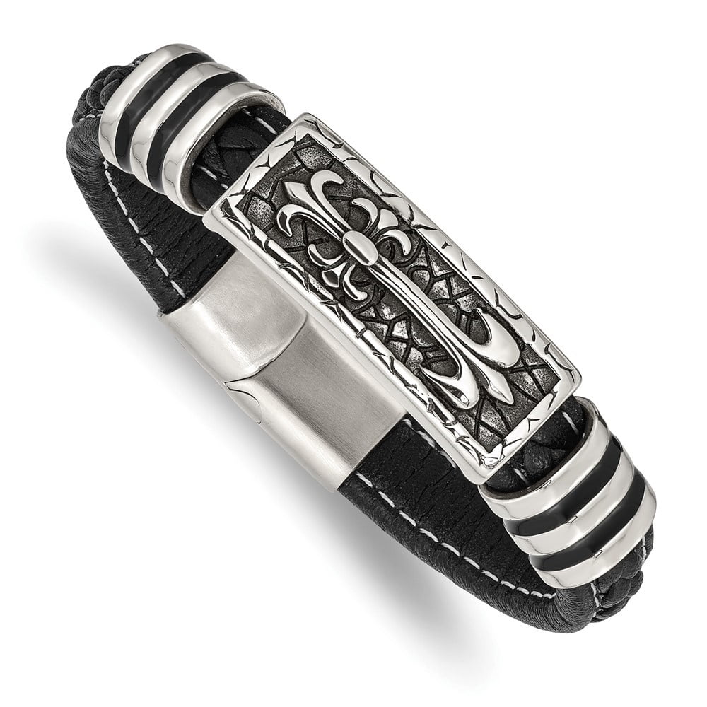 Diamond2Deal Stainless Steel Antiqued and Polished with Enamel Cross Black Faux Leather Bracelet for Men 8.5"