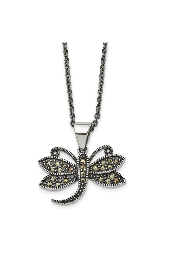Stainless Steel Antiqued and Polished with Marcasite Dragonfly Pendant on an Cable Chain Necklace for Women 18"