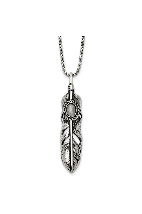 Stainless Steel Antiqued and Polished with White Cat's Eye Feather Pendant on a Box Chain Necklace for Women 24"