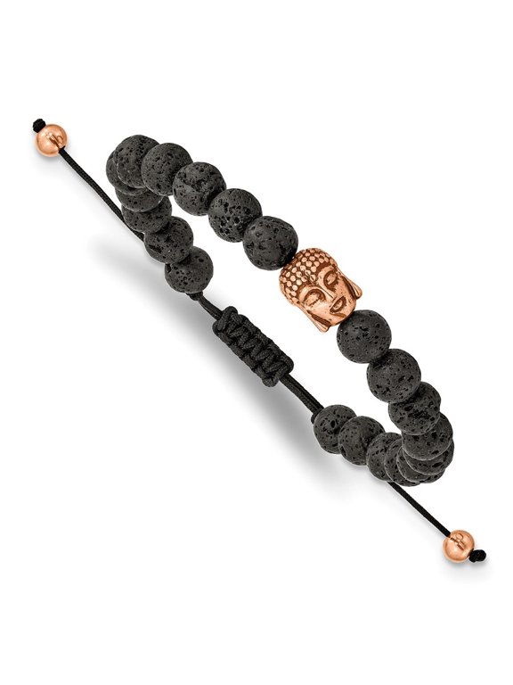 Stainless Steel Antiqued and Rose IP-Plated Buddha Lava Stone Black Macrame Adjustable Bracelet for Men