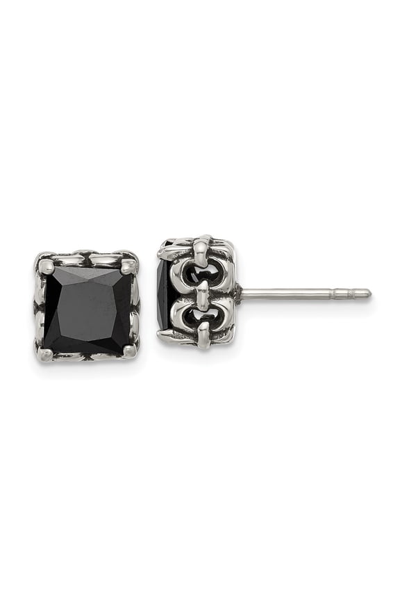 Stainless Steel Antiqued and Square Black Cubic Zirconia Stud Earrings For Women