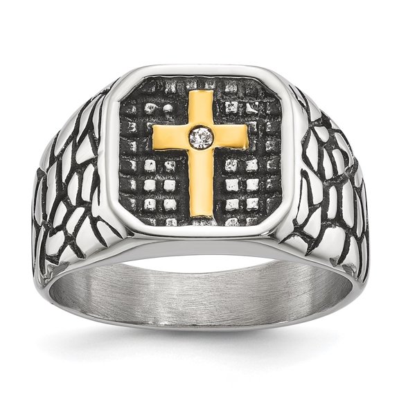 Diamond2Deal Stainless Steel Antiqued and Yellow IP-plated with CZ Cross Signet Men's Ring Size 11