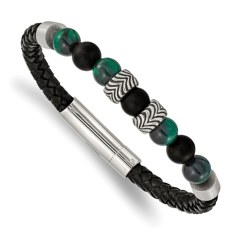 Diamond2Deal Stainless Steel Black Agate and Green Tiger's Eye Beads Black Leather Bracelet for Men 8.5"